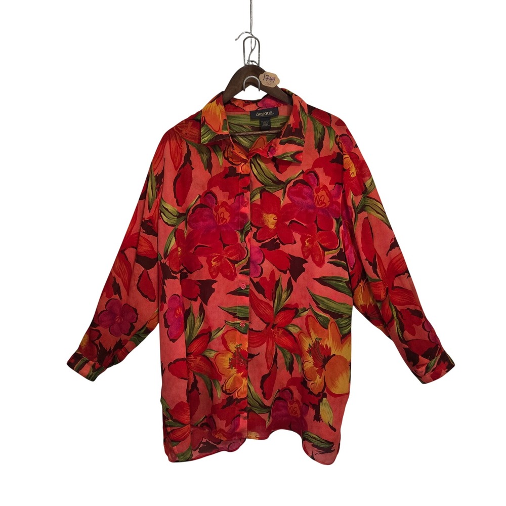 Vintage Lane Bryant Designs Red Floral Tropical Button Down Shirt Plus 22/24